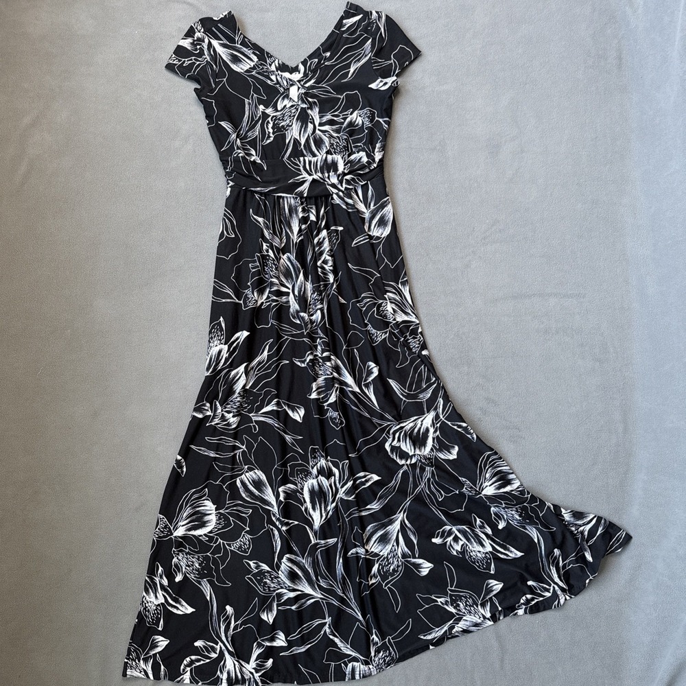 Soma Dress Womens XS Black Floral‎ Cross Front ALine Maxi Flowing Stretch